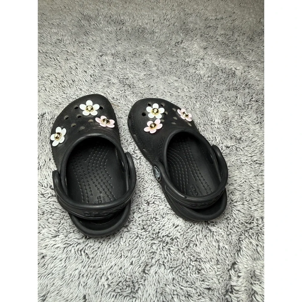 Crocs Classic Clogs Black Toddler Sz 5 Floral Flower Jibbitz Charms Slip On Shoe